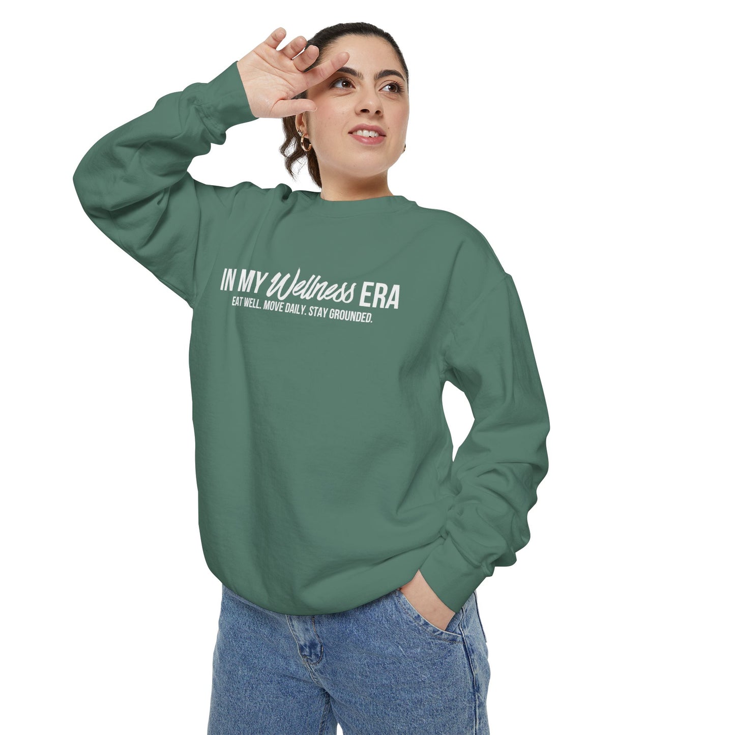 Crewneck Sweatshirt — "In My Wellness Era" Minimalist Text Graphic